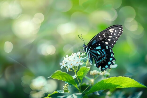 Una impresionante mariposa negra y azul se alza con gracia en una delicada flor blanca mostrando la belleza de la naturaleza en un contraste armonioso