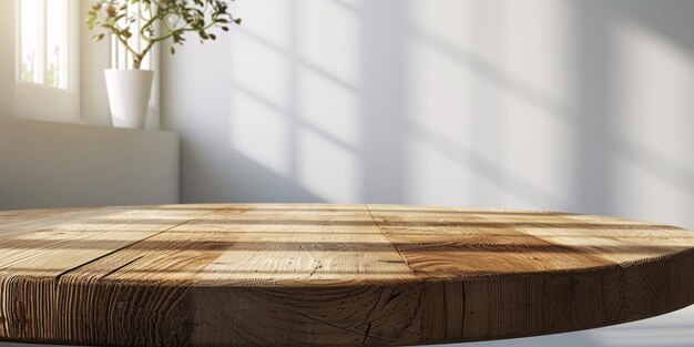 Una impresionante mesa circular de madera para la exhibición de productos en un entorno interior brillante y prístino con un telón de fondo sombreado