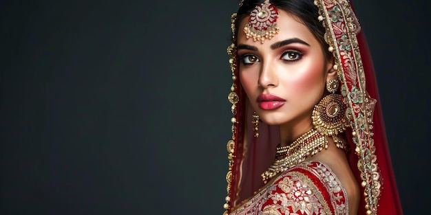 Foto una impresionante modelo india adornada con henna y joyas adornadas con un tradicional lehenga choli
