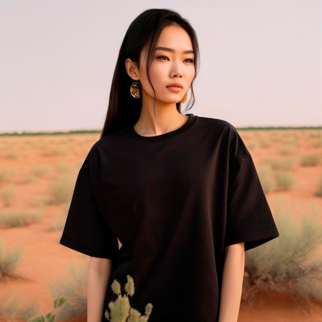 Impresionante modelo oriental con cabello largo y negro y ojos oscuros con una camiseta negra posa en un ambiente árido Una fotografía impactante