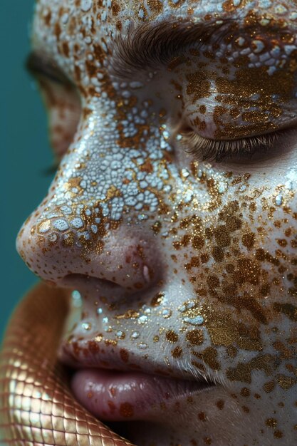 Impresionante modelo de retrato de belleza de alta moda muestra creativo innovador maquillaje de brillo con serpiente