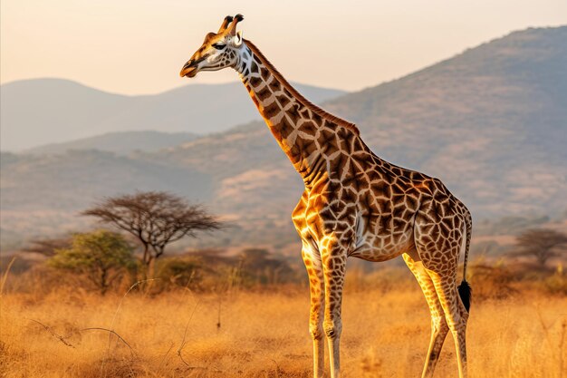 Foto impresionante monstruo africano de pie en alto en medio de vibrantes colores de la sabana en el crepúsculo