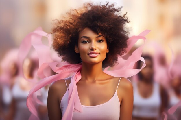 Impresionante mujer afroamericana en medio de un desfile con cintas rosas que fluyen