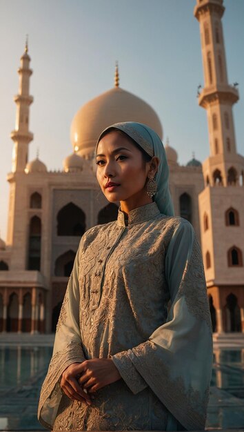 Una impresionante mujer asiática adornada y de pie frente a una mezquita hermosamente detallada