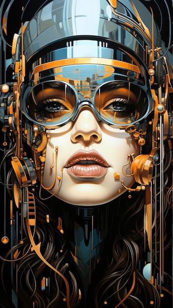 Impresionante mujer Cyberpunk Retrato Pintura Biotecnología anteojos reflejo