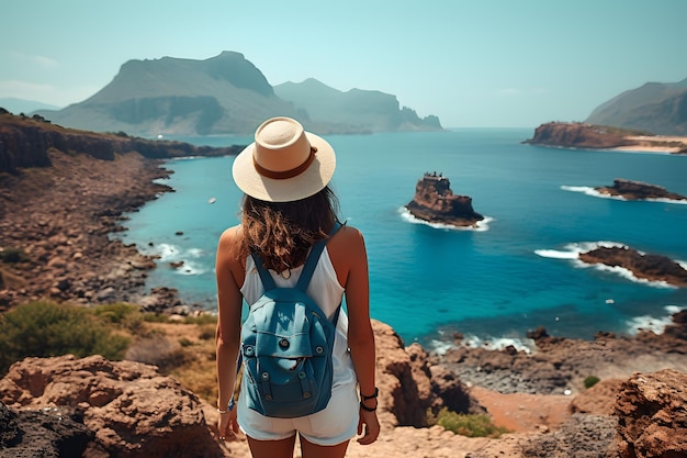 Impresionante mujer disfrutando de una impresionante vista al mar desde Rocky Cliff Insp