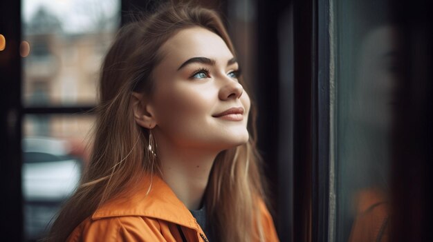 Impresionante mujer joven sonriendo y apartando la mirada La IA generativa