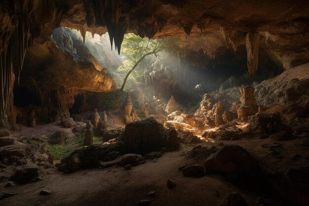 El impresionante mundo de cuevas luminosas llenas de estalactitas y estalagmitas IA generativa