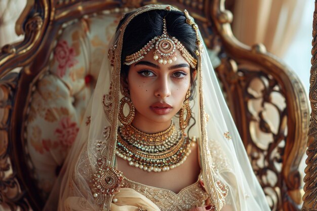 Impresionante novia india en traje de novia tradicional y joyas