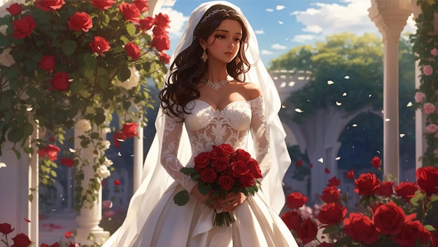 Impresionante novia con un vestido de novia con ramo de rosas rojas