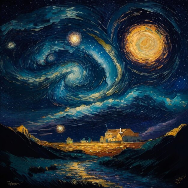 Una impresionante obra maestra inspirada en Van Gogh que representa un fascinante cielo nocturno lleno de colores vibrantes.