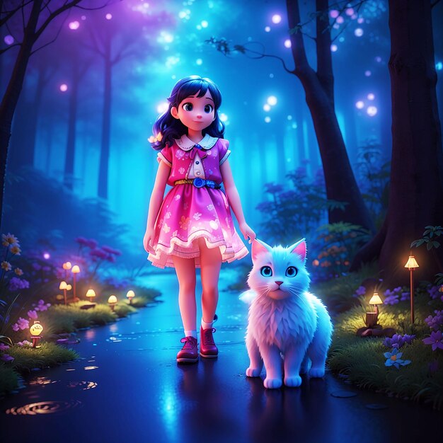 Una impresionante obra maestra visual de un momento mágico en un bosque de neón por la noche con una chica
