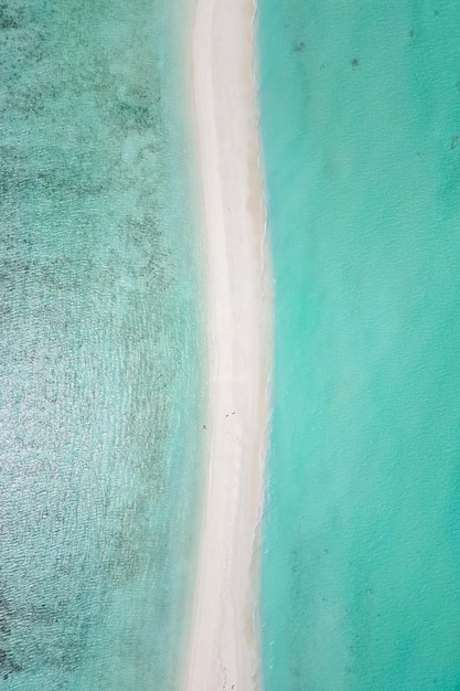 Impresionante océano azul y isla blanca de arena maldivas top drone vista aérea desierta playa oculta de Maldivas copyspace para texto