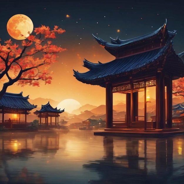 Una impresionante pagoda bajo una brillante luna llena en el cielo.