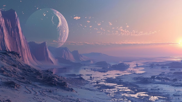 Impresionante paisaje alienígena con un cielo rosado majestuosas montañas y una luna distante en el horizonte que refleja una belleza de otro mundo