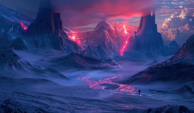 Impresionante paisaje alienígena con ríos de lava y un viajero