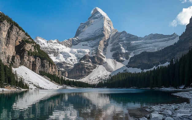 Impresionante paisaje alpino Cumbre coronada de nieve y lago cristalino
