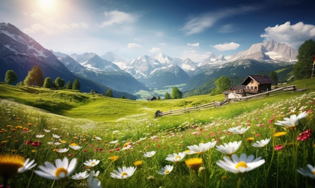 Impresionante paisaje alpino con vibrantes flores silvestres en primer plano y majestuosas montañas detrás de la escena iluminada por el sol perfecto para temas de viajes y naturaleza Creado con herramientas de IA generativas