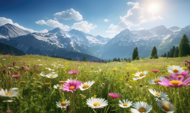 Impresionante paisaje alpino con vibrantes flores silvestres en primer plano y majestuosas montañas detrás de la escena iluminada por el sol perfecto para temas de viajes y naturaleza Creado con herramientas de IA generativas