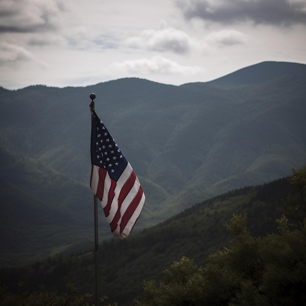 Impresionante paisaje Una bandera en las montañas