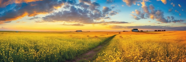 Impresionante paisaje colorido Campo amarillo de floración en el cielo azul de fondo