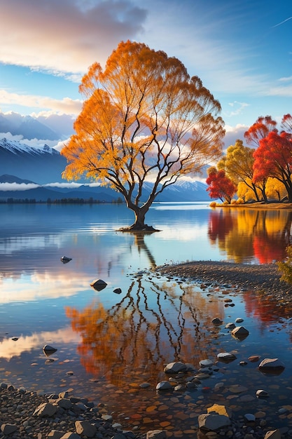 Impresionante paisaje del colorido lago Wanaka de otoño con amanecer en la imagen de ai de la mañana fresca