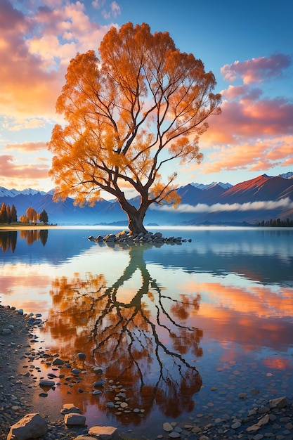 Impresionante paisaje del colorido lago Wanaka de otoño con amanecer en la imagen de ai de la mañana fresca