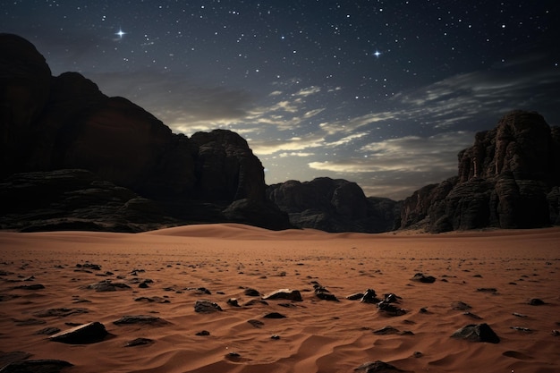 Foto un impresionante paisaje desértico con rocas escarpadas y un cielo lleno de estrellas titilantes. un desierto árabe bajo un cielo nocturno iluminado por las estrellas. generado por ia.