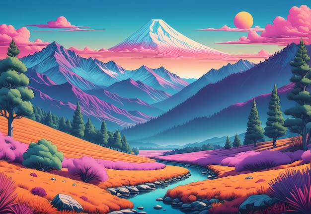 Un impresionante paisaje diseñado en el estilo Riso con colores vibrantes y fondo abstracto