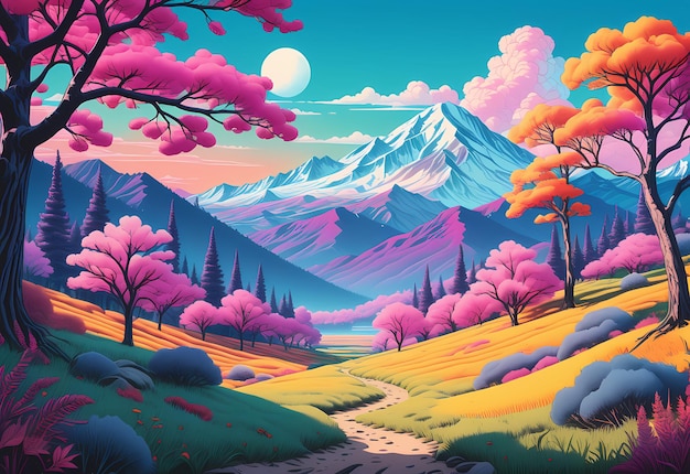 Un impresionante paisaje diseñado en el estilo Riso con colores vibrantes y fondo abstracto