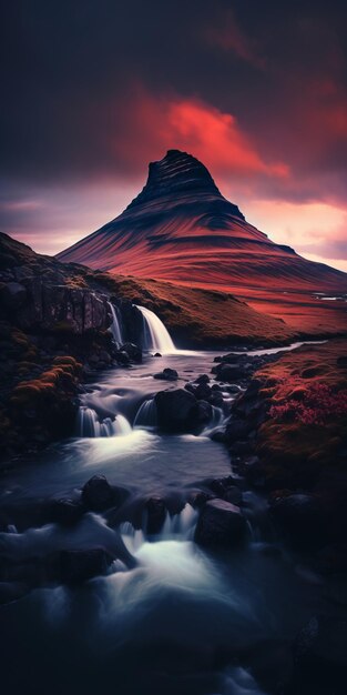 Impresionante paisaje de montañas y ríos en la noche roja