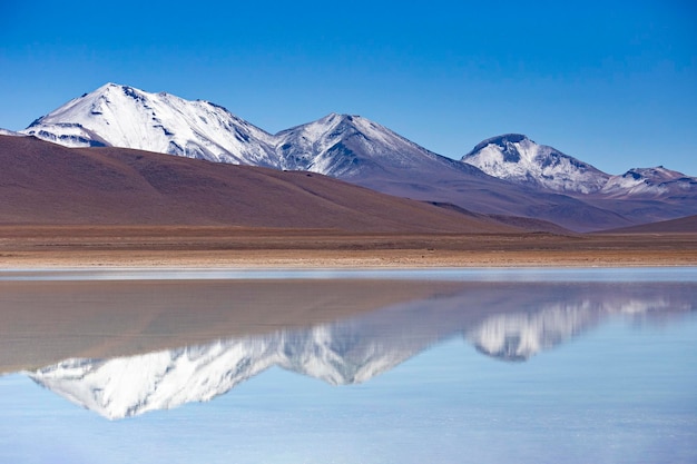 Impresionante paisaje montañoso cubierto de nieve en el altiplano boliviano. Montañas que reflejan en el lago en B