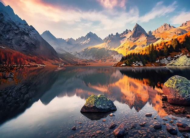 Impresionante paisaje natural hermosa escena con altos picos de las montañas Tatra piedras en el lago de montaña