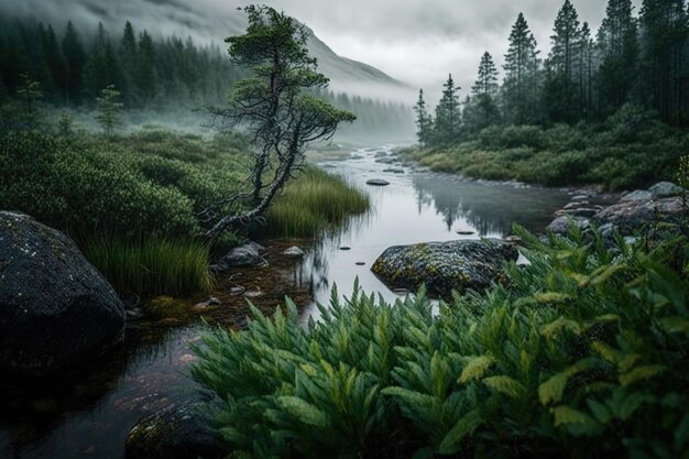 El impresionante paisaje de Noruega un río rodeado de vegetación verde en la niebla