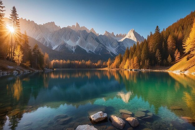 Foto impresionante paisaje de otoño durante la puesta de sol el lago fusine frente al mongart bajo la luz del sol un increíble día soleado en el lago de montaña concepto de un lugar de descanso ideal imagen creativa