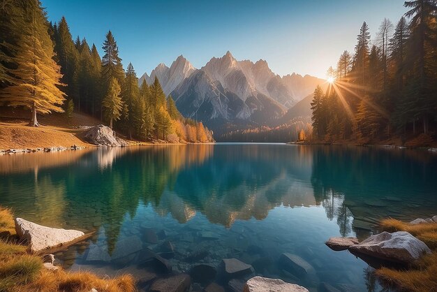 Impresionante paisaje de otoño durante la puesta de sol El lago Fusine frente al Mongart bajo la luz del sol Un increíble día soleado en el lago de montaña concepto de un lugar de descanso ideal Imagen creativa