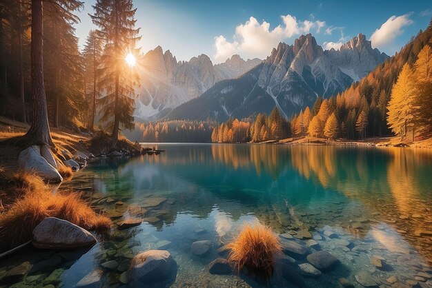 Foto impresionante paisaje de otoño durante la puesta de sol el lago fusine frente al mongart bajo la luz del sol un increíble día soleado en el lago de montaña concepto de un lugar de descanso ideal imagen creativa