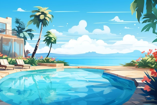 Impresionante paisaje de playa de verano con IA generativa de piscina