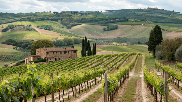 Foto impresionante paisaje de la toscana con viñedos verdes y un ciprés solitario colinas onduladas y una granja de piedra en el fondo