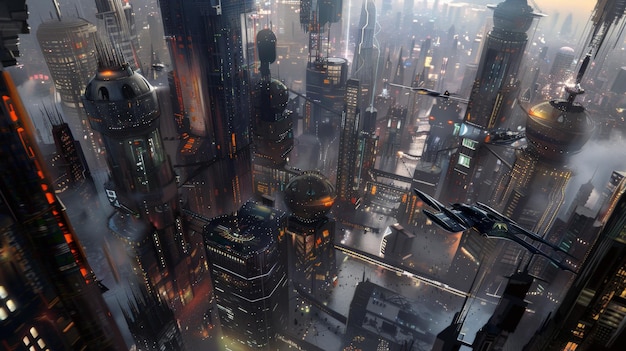 Un impresionante paisaje urbano futurista con altos rascacielos, vehículos voladores y una atmósfera nebulosa de mal humor, un vistazo al futuro del cyberpunk.