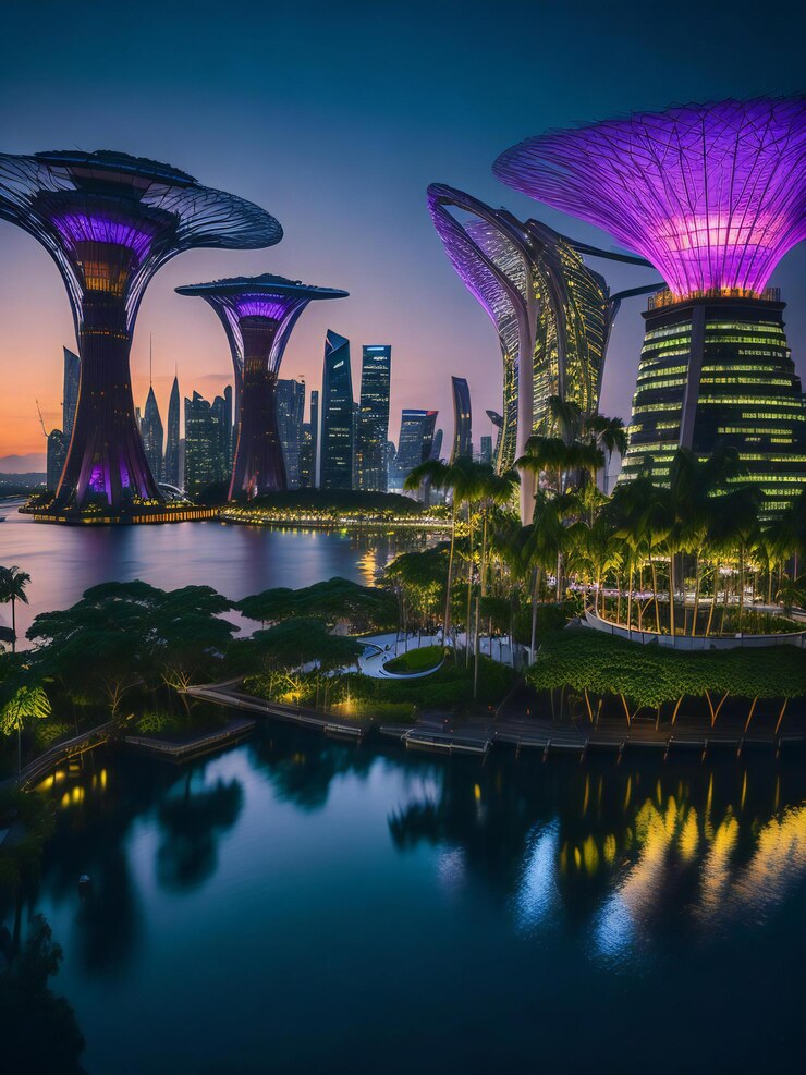 Un impresionante paisaje urbano que muestra el icónico horizonte de Singapur