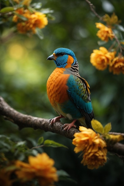 Un impresionante pájaro colorido sentado en una rama con hojas y flores en el fondo natural