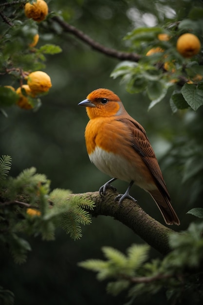 Un impresionante pájaro colorido sentado en una rama con hojas y flores en el fondo natural