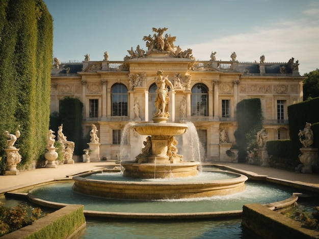 Un impresionante Palacio de Versalles en Francia con una mujer de pie frente a una imagen generada