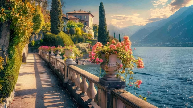 Un impresionante parque ubicado en la costa del lago Como en la ciudad de Varena, Italia