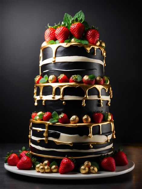 Foto un impresionante pastel decadente enorme negro y dorado adornado con fresas fresas y esmaltes dorados