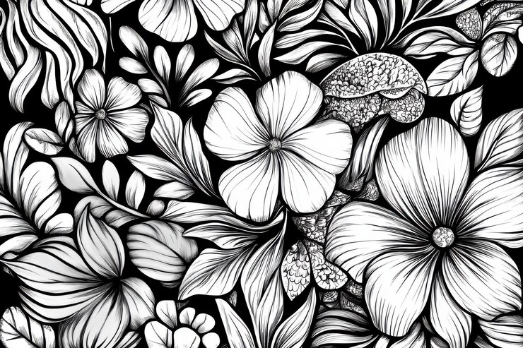 El impresionante patrón floral en blanco y negro muestra detalles intrincados y tonos contrastantes en un diseño visualmente cautivador