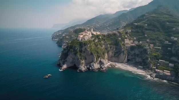 La impresionante perspectiva aérea muestra la encantadora belleza de la costa de Amalfi en Italia con sus coloridos edificios encaramados en los acantilados Generado por IA