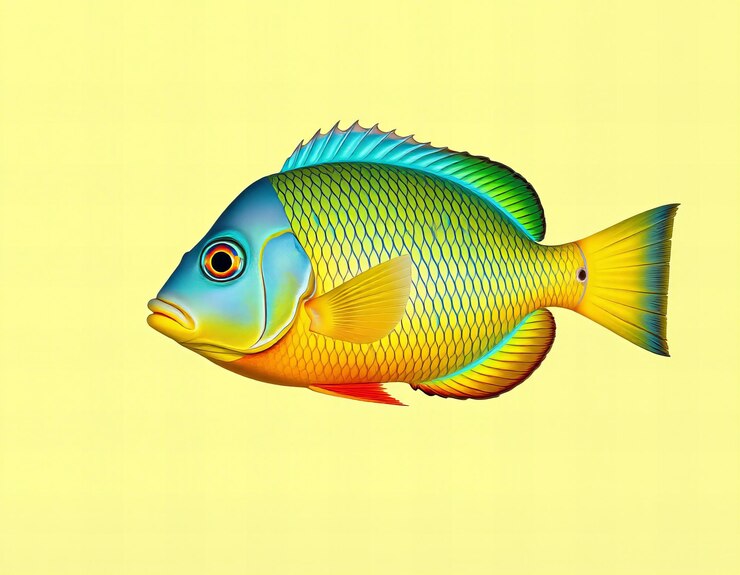 Impresionante pez tropical vibrante con escamas coloridas aisladas sobre un fondo amarillo pastel