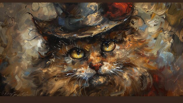 Foto una impresionante pintura al óleo de un gato con un sombrero de copa los ojos del gato son anchos y alertas y su pelaje es suave y esponjoso